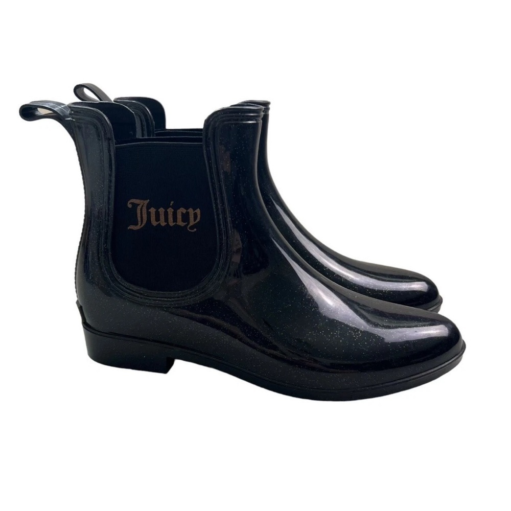 Juicy Couture Size 8 Womens Black Gold Sparkle Ankle Rain Boots Pull On